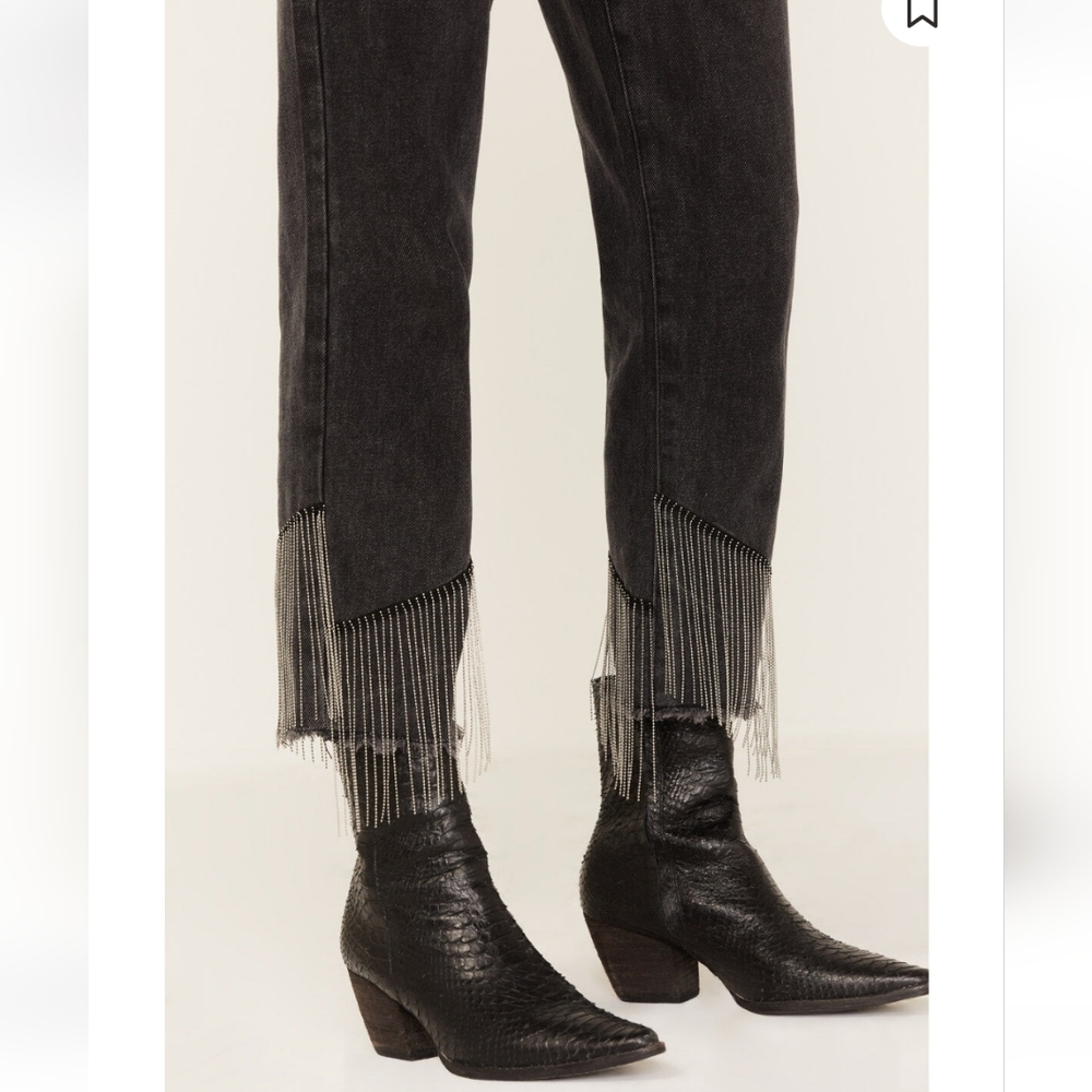 Rock & Roll Denim NWT Dark Wash High Rise Fringe Hem Cropped Straight Leg Wester - Picture 2 of 14